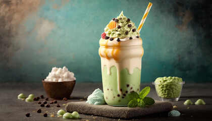 Closeup fresh green tea milkshake smoothie and fresh  green tea leaves