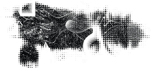 Poster - Glitch distorted grungy banner . Noise destroyed background . Trendy defect overlay texture . Glitched collage .Grunge textured . Distressed effect .Vector shape.  halftone dots . Screen print texture