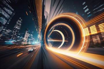 Poster - Abstraction of speed by blurred light from the lights of buildings in a night city.Generative AI