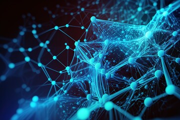 Poster - The geometry of the plexus or the connection of lines and dots on a dark blue background.Generative AI