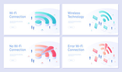 Poster - Set wi fi wireless technology landing page template. Successful and unsuccessful connecting a laptop to Wi-Fi, Connection error. Can be used for web banners. Isometric modern vector illustration.