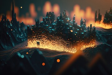 Poster - Abstract digital landscape with current particles.Generative AI