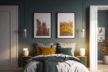 Wall Mural - Two vertical picture frames hang on the wall of a bedroom in a mock up of an interior poster display. Generative AI