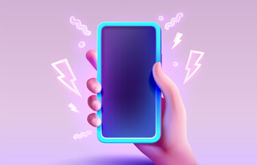 Smart phone screen neon, hand hold gadget electronic. Vector
