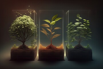 The idea of agriculture and sustainable plant development is symbolized by small trees with green leaves, natural growth, sunlight, and so on. Generative AI