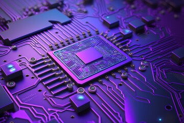 Poster - Abstract technology of processor chips, the background of the printed circuit board is purple. Generative AI