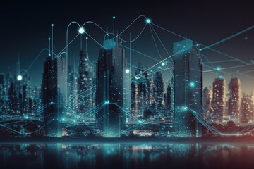 Poster - Smart city and abstract points of technological connection with lines.Generative AI