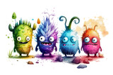 Fototapeta Dziecięca - Cartoon funny cute monsters in kids watercolour style, generative ai, transparent background