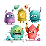 Fototapeta Dziecięca - Cartoon funny cute monsters in kids watercolour style, generative ai, transparent background