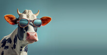 Cow Wearing Sunglasses In Front Of A Blue Background, Surreal Animal Portrait, Generative AI