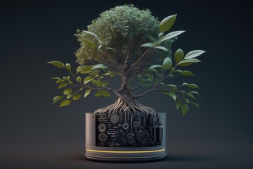 Aufkleber - A tree with soil growing at the convergence point of a computer printed circuit board.Generative AI