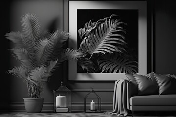 Sticker - Grayscale mockup of a living area including a horizontal picture frame adorned with faux palm foliage. Generative AI