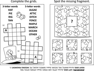 Activity page with two puzzles. Fill-in crossword puzzle. Spot the missing fragment. St. Patrick's Day holiday motives. Black and white. Answers included.
