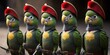 Group of parrots dressed up in uniforms looking like in middle of a military parade or drill, concept of Animal Anthropomorphism, created with Generative AI technology