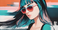 Painting Portrait Of A Young Woman In Sunglasses On Abstract Painting Background. Generative AI