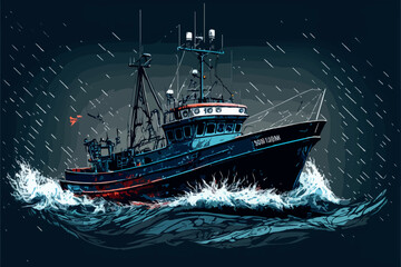 Fishing boat. Vector art illustration of boat on water. Ship floating on the sea. Marine vessel on the ocean. Fishing industry.  Motor boat. Vintage sketch of people fishing fishes. Isolated graphics