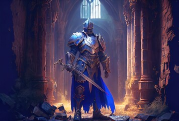 A knight in armor standing guard of the palace background. Medieval and Crusades war concept. Generative AI