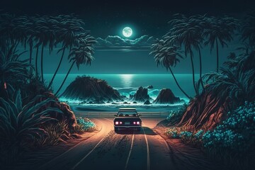 Poster - A rare car near the mountains at night near the sea, a fantastic picture.Generative AI