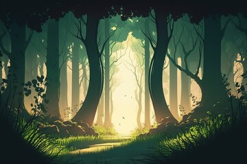 Poster - Forest landscape, light from the sun with green trees and grass from the paths into the forest.Generative AI
