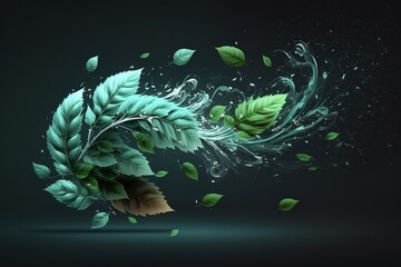 Poster - Abstraction of voluminous green leaves in the wind on a dark background.Generative AI