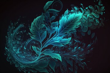 Fototapete - Abstraction of voluminous green leaves in the wind on a dark background.Generative AI