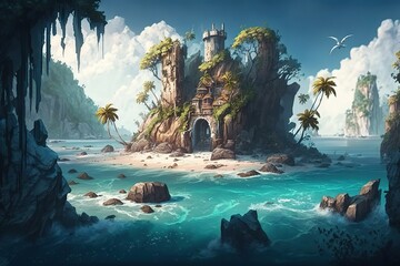 Poster - A fantastic picture, an island in the ocean, an uninhabited island with a beach, palm trees, jungle vines.Generative AI