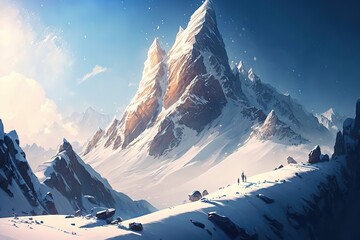 Poster - Landscape of a high mountain peak with snow and ice.Generative AI
