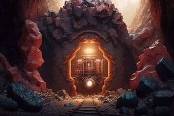 Wall Mural - A mine tunnel, a mining cave with a wooden frame with a train.Generative AI