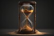An hourglass with sand, an antique clock, a timer with transparent glass and gold particles.Generative AI