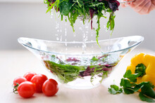 Pour Water And Wash Vegetables Greens Cooking Delicious Healthy Food Cleanliness Kill Germs Refresh Clean The Kitchen Super Slow Motion Shot Of Flying Cuts Of Colorful Vegetables And Water Drops 