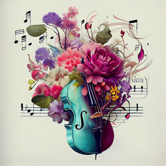 Violine acoustic instrument with flowers, music passion concept, pastel colors, generative AI
