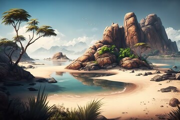 Poster - An island in the ocean, an uninhabited island with a beach, palm trees.Generative AI