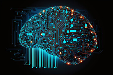 Abstract artificial intelligence (AI) or futuristic circuit board concept with a human brain made with Generative AI