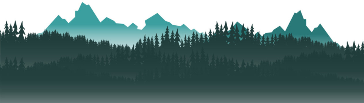 Fototapete - Silhouette of mountains forest woods in the morning, landscape panorama illustration icon vector for logo, isolated on white background..