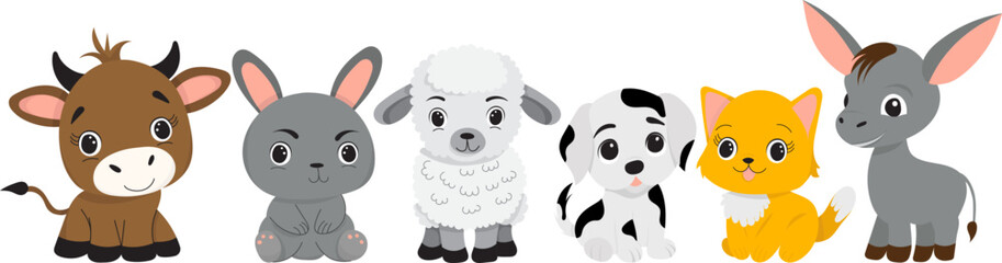 Sticker - cartoon pets, bull, sheep, cat, dog, donkey in flat style isolated, vector