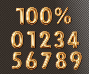 Golden numbers percentage notation with set 3d realistic on dark. Metal golden number with shadow and glow isolated. Design element for sale banner.