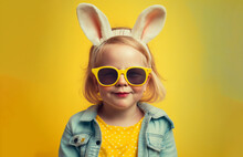 Easter Studio Portrait Of A Young Girl With Sunglasses And Easter Bunny Ears. Generative Ai