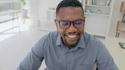 Poster - Black man, smile and working on computer in office, desk and company for online management, planning and email. Happy business manager, glasses and desktop for trading, research or website technology