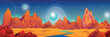 alien planet landscape. Space game background with orange ground, mountains, stars, Saturn and Earth in sky. Space background with landscape of alien planet with craters and lighted crac