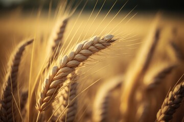 Close-up shot of ears of wheat on a field. Generative AI.