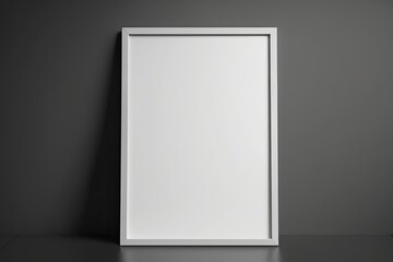 Poster - Mockup of a white poster in a black frame. Empty white A4 sized paper hanging on gray wall. Generative AI