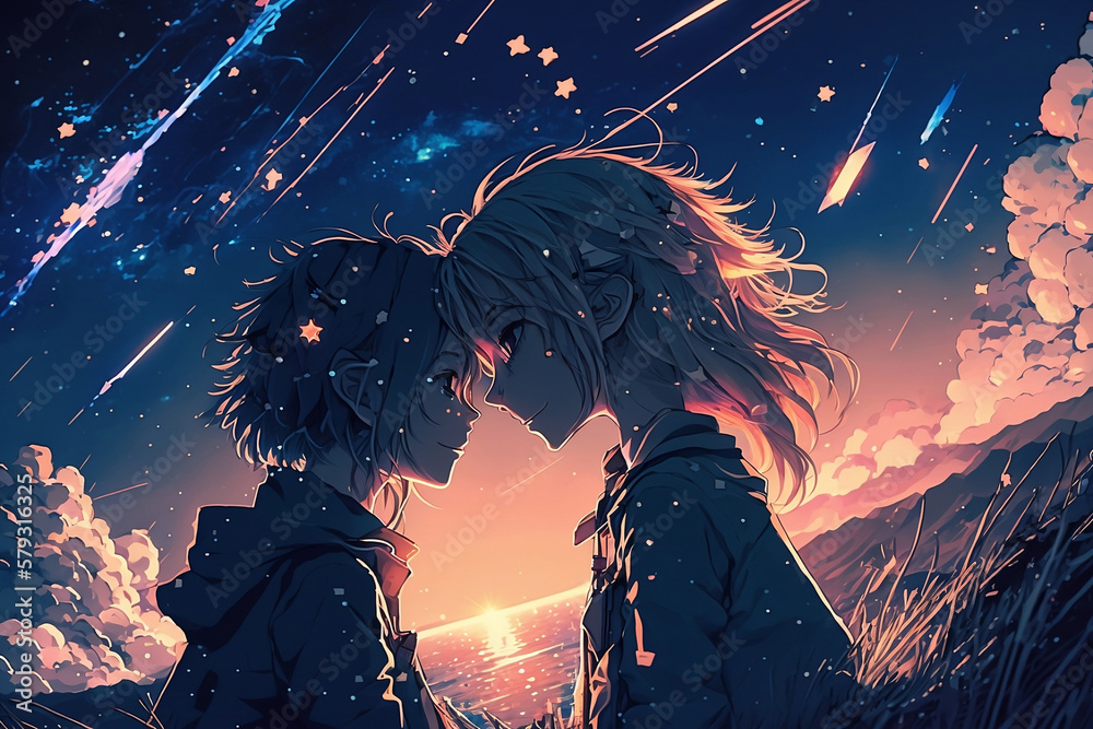 Starry Night Romance: Anime Couple Sharing a Kiss Under the Open Sky ...