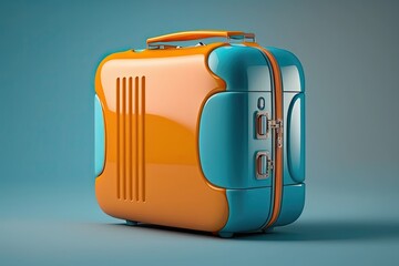 Poster - Isolated against a blue background is a typical orange polycarbonate suitcase. Concept of luggage or bags for travel. Generative AI