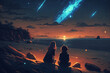 Romantic Anime Beach Night Sky with Starry Moon Background. Generative AI