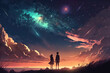 Starry Night Romance: Anime Couple Enjoying Moonlit Beach and Starry Sky. Generative AI