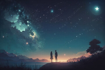 Romantic Anime Couple Stargazing: Watching the Night Sky Together, Anime Digital Art illustration for background wallpaper. Generative AI