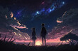 Starry Night Beach: Romantic Anime Couple Enjoying the Moon and Stars. Generative AI