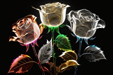 Wall Mural - Generative AI of rose flower over black background. Colorful roses.