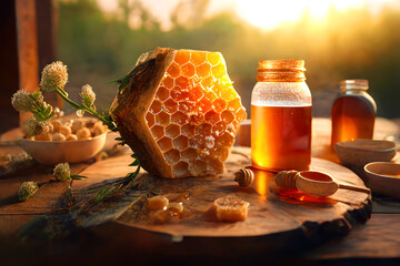 honeycomb full of honey laying flat on rustic platter and wood ustensils and clover herbs. ai generative