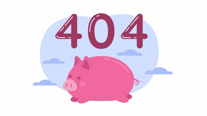 Poster - Animated tired pink pig 404 error. Piggy collapsed after race. Empty state 4K video footage with alpha channel transparency. Flash message. Color failed loading animation for broken link, web design